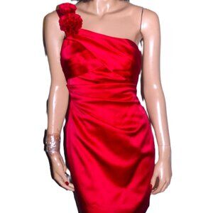 Phoebe Couture Red Satin One Shoulder with Rosettes Dress 0